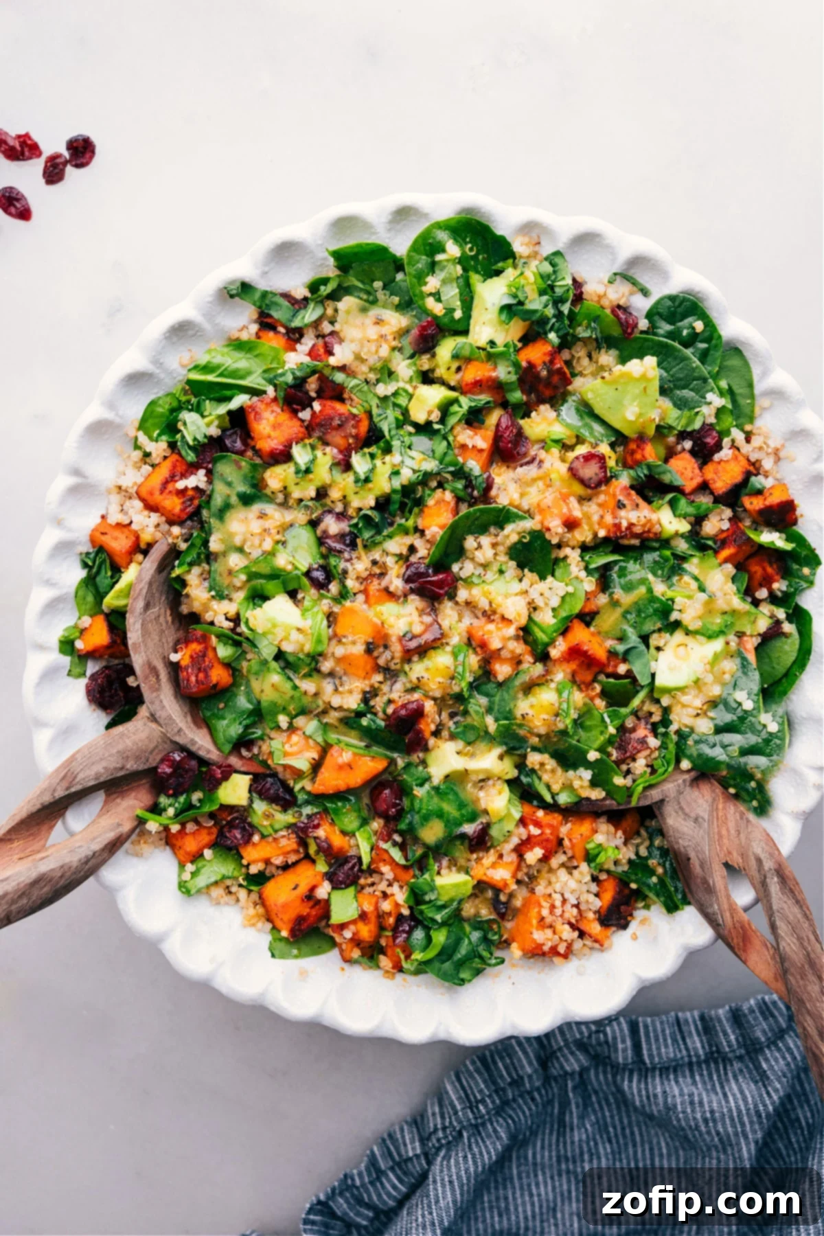A vibrant Sweet Potato Quinoa Salad served in a rustic bowl, garnished and ready to be enjoyed. It features golden roasted sweet potatoes, fluffy quinoa, dark green spinach, and bright red cranberries.