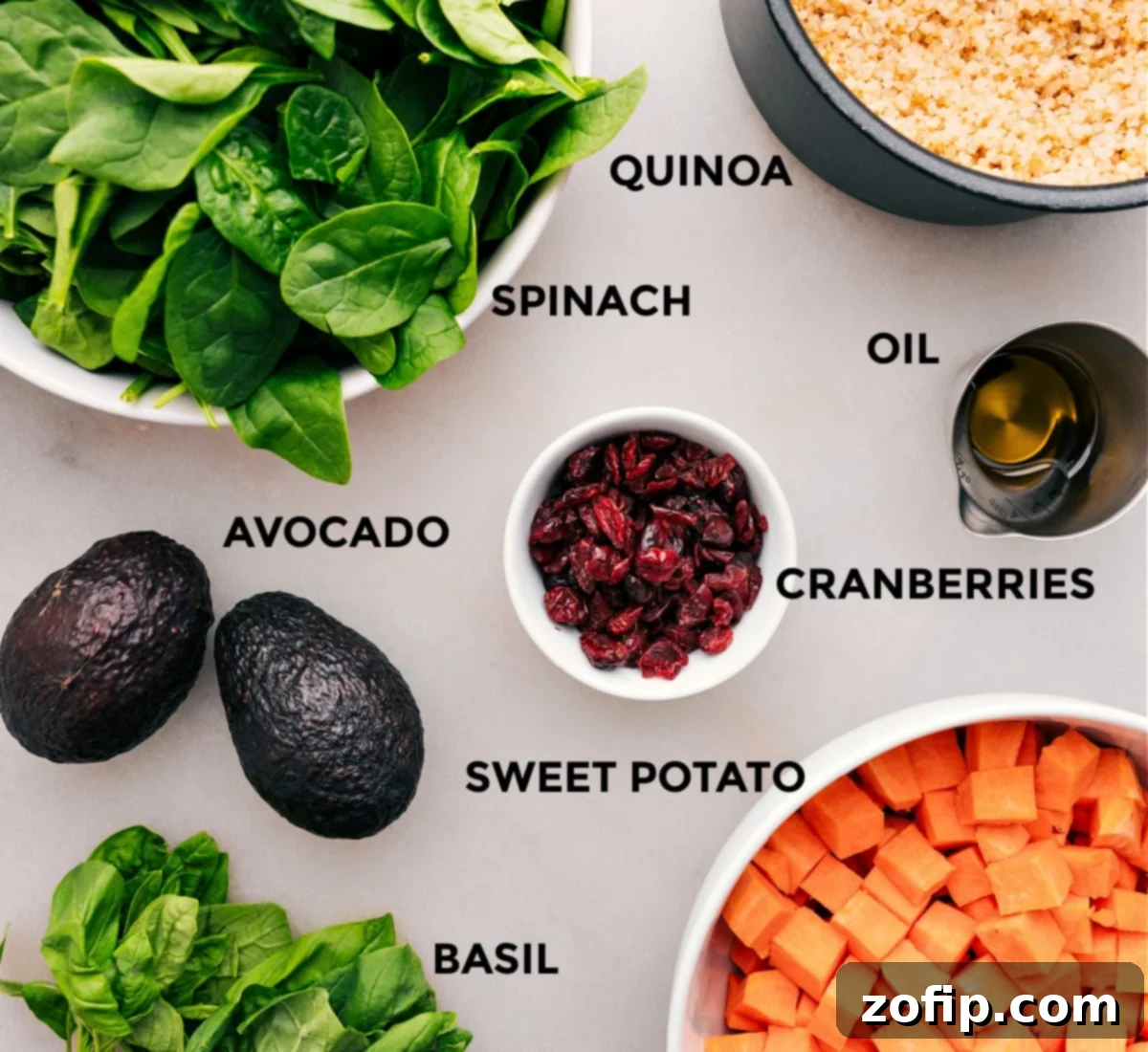 All the fresh ingredients, including vibrant vegetables like spinach and sweet potatoes, fluffy quinoa, sweet cranberries, and creamy avocado, meticulously prepped and arranged for easy assembly of the Sweet Potato Quinoa Salad.