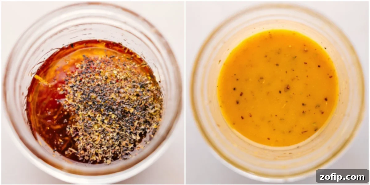 The vibrant lemon dressing being expertly mixed together in a mason jar, showing the emulsified texture, ready to elevate the flavors of the sweet potato quinoa salad.