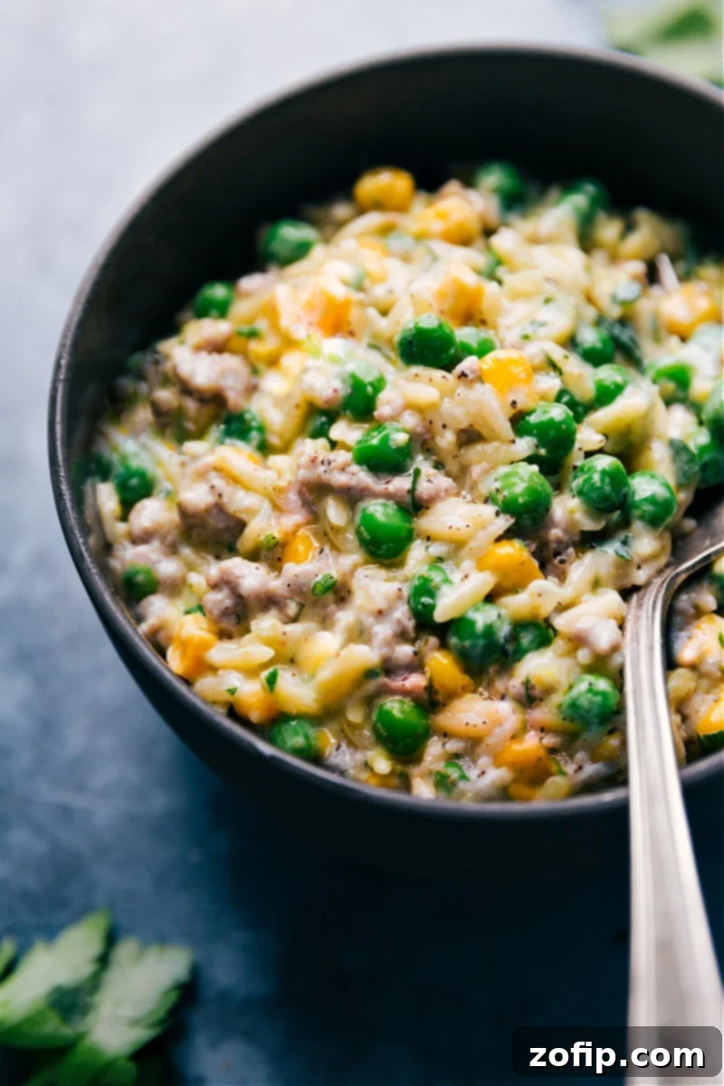 Delicious and Easy One-Pot Creamy Pesto Orzo with Ground Meat and Veggies - A 30-Minute Dinner Solution A vibrant bowl of Creamy Pesto Orzo, brimming with ground meat, peas, corn, and topped with fresh parsley