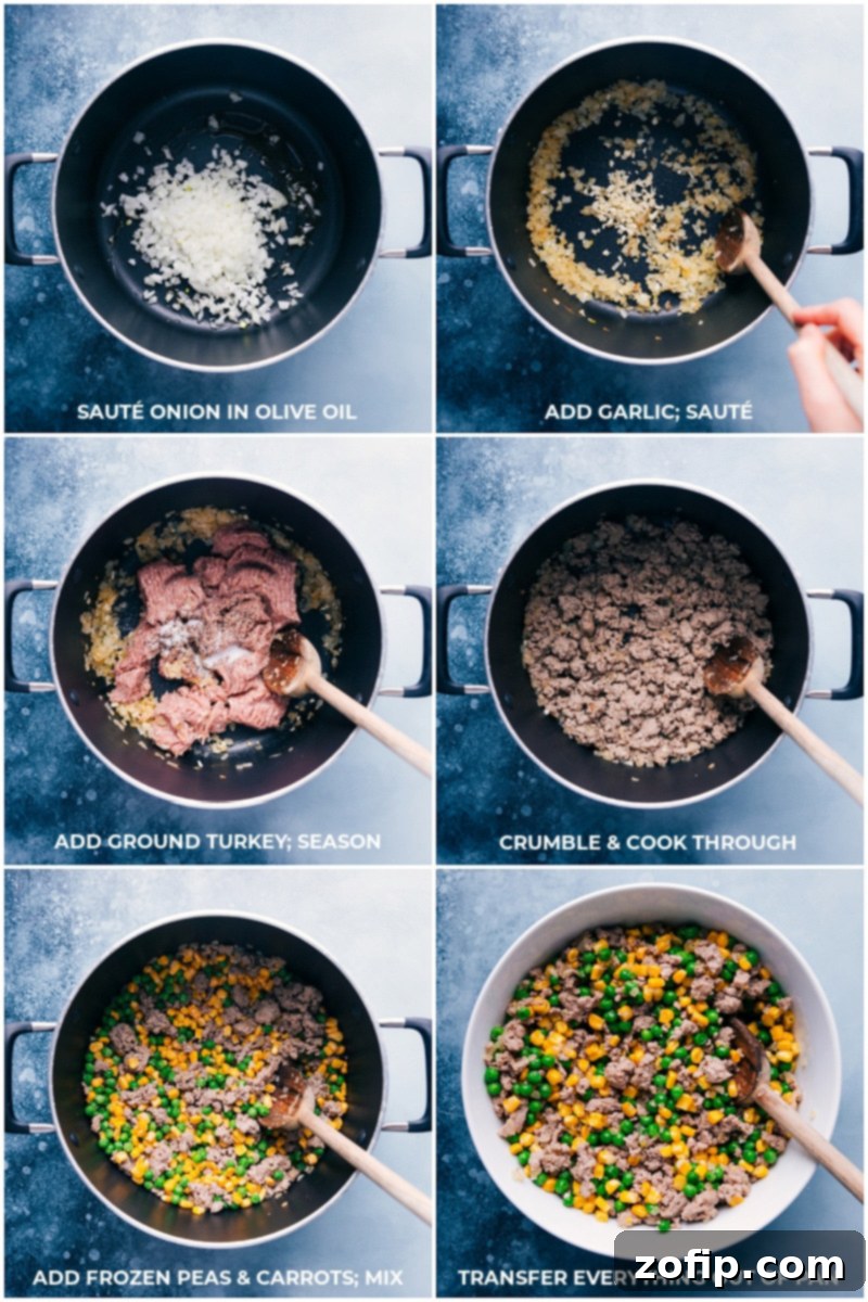 Cooking Ground Meat and Vegetables for Creamy Pesto Orzo Process shot showing ground turkey and finely chopped onions and garlic cooking in a large nonstick pot