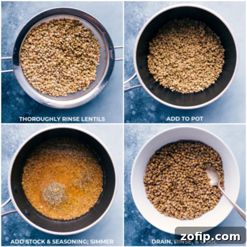 A sequence of three images depicting the process of preparing lentils: first, dried lentils being rinsed in a sieve; second, the lentils simmering gently in a small pot; and third, the cooked lentils being rinsed under cold water and drained.