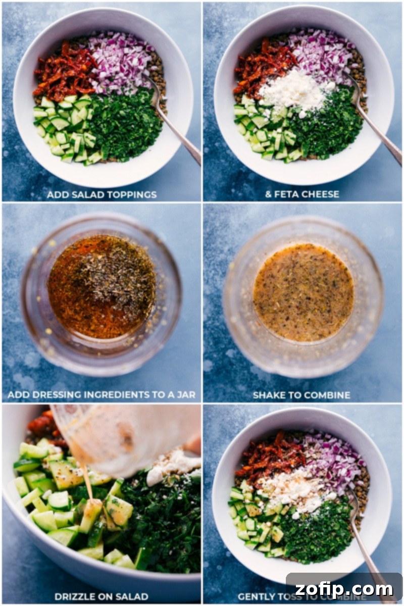 A step-by-step display showing the process of preparing the fresh lemon dressing in a sealed jar and then combining all the crisp salad ingredients in a large mixing bowl.
