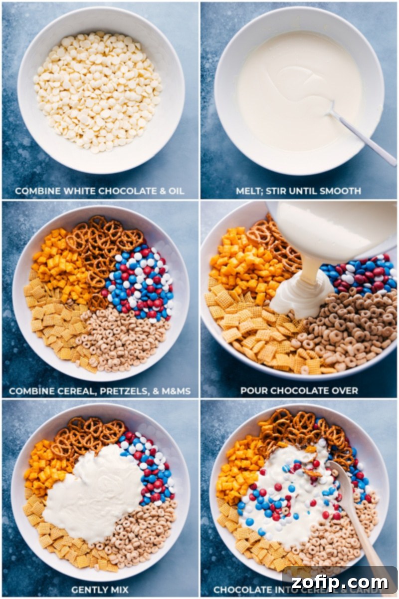 Patriotic Party Mix 2 Close-up of a portion of the 4th of July Snack Mix, showing the various cereals, pretzels, and M&M's coated in white chocolate, ready for the final hardening stage.