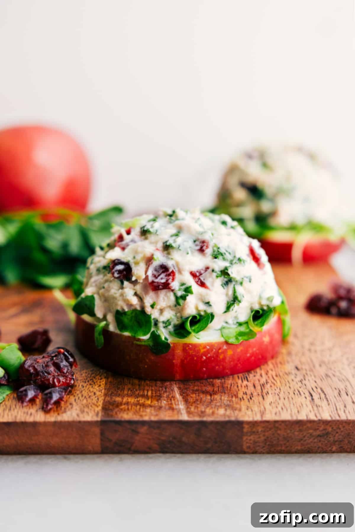Easy Tuna Salad generously piled on fresh microgreens and an crisp apple slice, making for a delicious and healthy low-carb lunch.