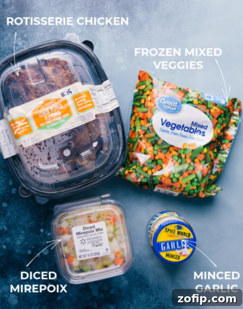 This simple, one-pot Chicken Pot Pie Pasta is packed with delicious ingredients including rotisserie chicken, tender veggies, and creamy orzo pasta. Recipe via Chelseasmessyapron #dinner #quick #easy #simple #best #comfortfood #kidfriendly #chicken #chickenpotpie #pasta A flat lay photograph showcasing all the fresh and shortcut ingredients needed for Chicken Pot Pie Pasta on a rustic wooden surface.