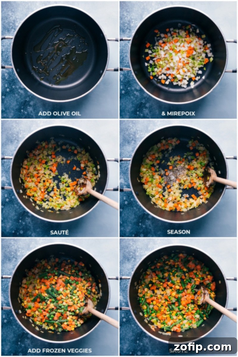 Chicken Pot Pie Pasta is packed with delicious ingredients including rotisserie chicken, tender veggies, and creamy orzo pasta. Plus: minimal chopping, minimal clean-up, and minimal hands-on time -- we employ a few short-cuts to have this meal ready in 30 minutes or less! Recipe via Chelseasmessyapron #dinner #quick #easy #simple #best #comfortfood #kidfriendly #chicken #chickenpotpie #pasta A close-up process shot showing colorful mirepoix vegetables sautéing in a large pot, filling the kitchen with aromatic steam.