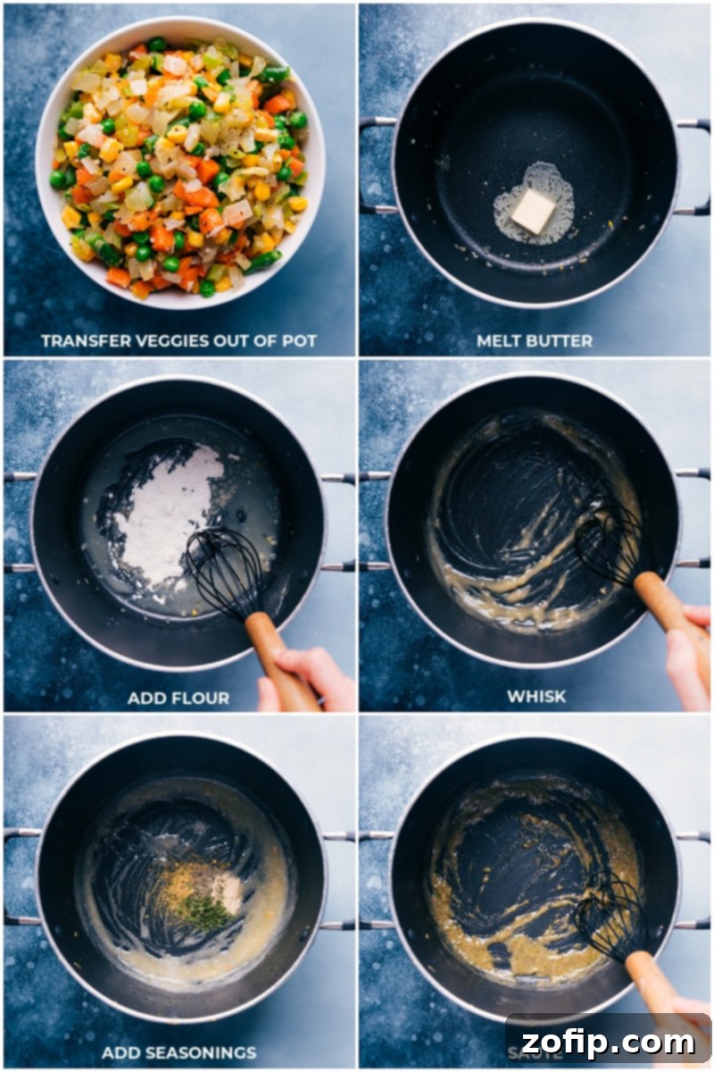 The best ever, one-pot Chicken Pot Pie Pasta is packed with delicious ingredients including rotisserie chicken, tender veggies, and creamy orzo pasta. Plus: minimal chopping, minimal clean-up, and minimal hands-on time -- we employ a few short-cuts to have this meal ready in 30 minutes or less! Recipe via Chelseasmessyapron #dinner #quick #easy #simple #best #comfortfood #kidfriendly #chicken #chickenpotpie #pasta Another process shot showing the creamy pot pie pasta sauce base simmering in a pot with orzo, before adding chicken and final touches.