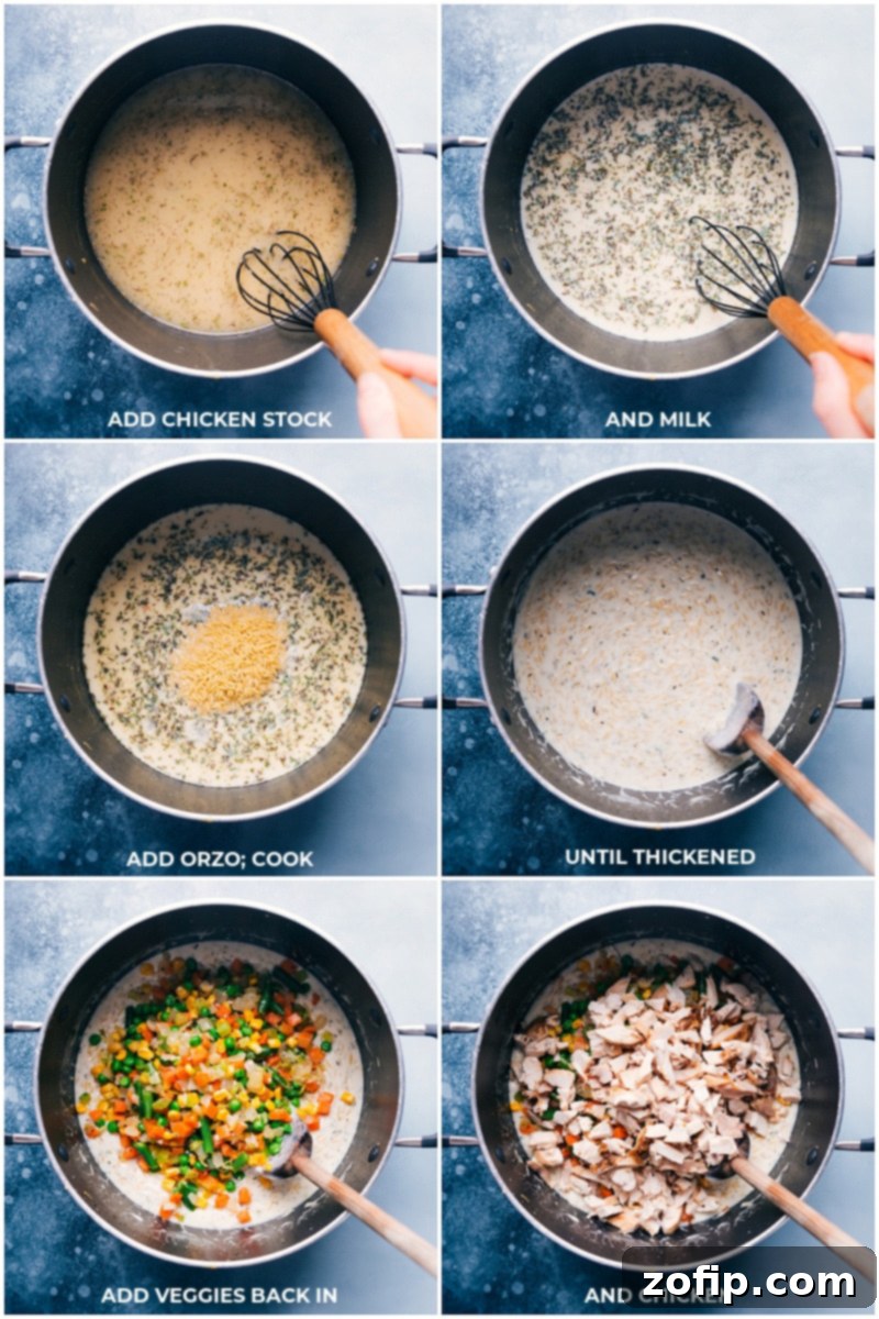 Chicken Pot Pie Pasta is packed with delicious ingredients including rotisserie chicken, tender veggies, and creamy orzo pasta. Recipe via Chelseasmessyapron #dinner #quick #easy #simple #best #comfortfood #kidfriendly #chicken #chickenpotpie #pasta A final process shot capturing the creamy Chicken Pot Pie Pasta with rotisserie chicken and veggies fully incorporated, ready for serving.