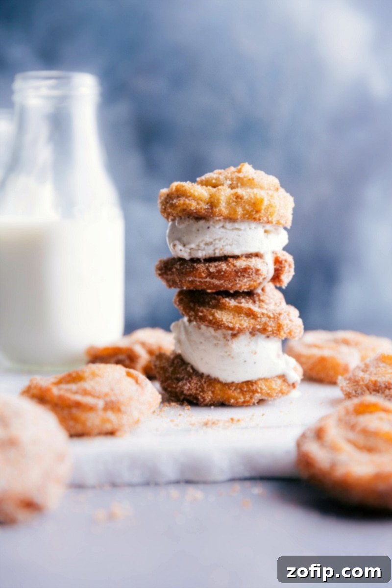 Two stacked golden churro ice cream sandwiches, perfectly prepared and ready for indulgence, showcasing the crispy churro exterior and creamy ice cream filling.