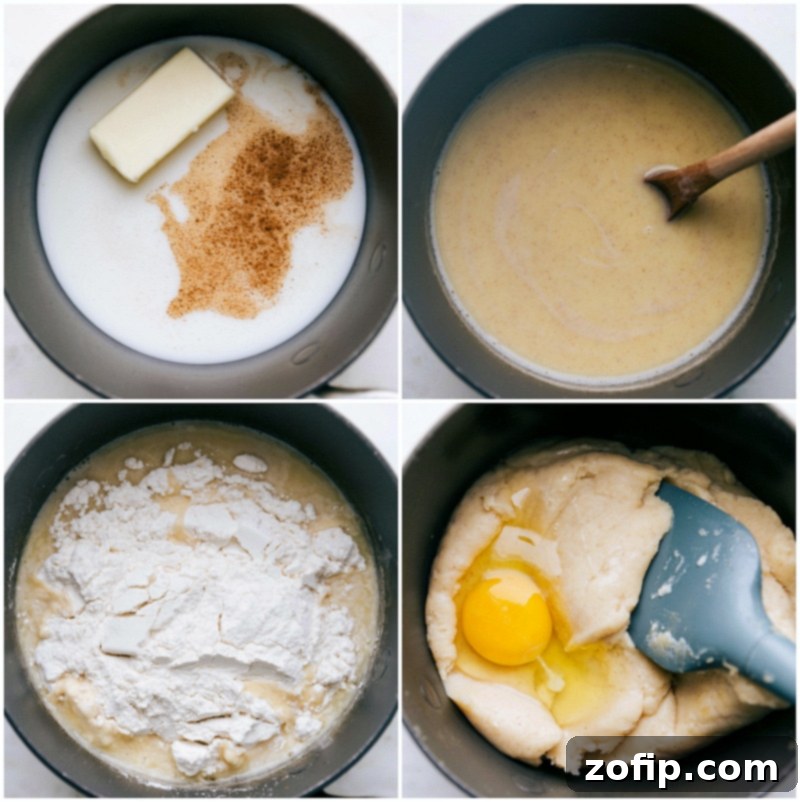 Dough preparation in a saucepan, showing ingredients being combined and mixed for the churro dough.