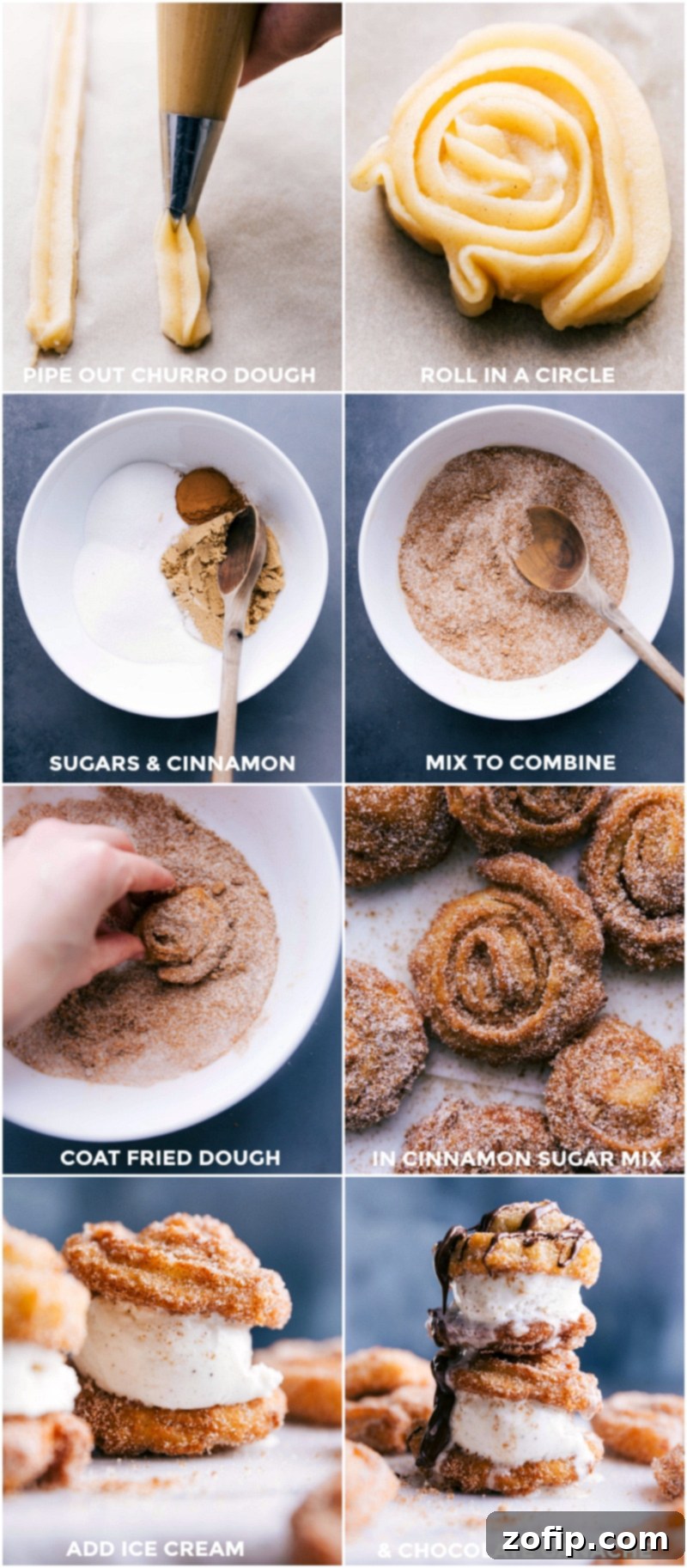 A visual guide to the churro making process: dough being piped into circles, cinnamon sugar prepared, fried dough being dipped in sugar, and a scoop of ice cream placed in the center of a churro round.
