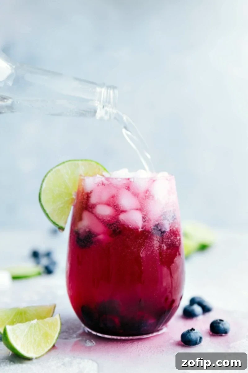 A delicious non-alcoholic blueberry mandarin-lime beverage. This spritzer features a sugared blueberry base and refreshing mandarin-lime sparkling water, perfect for summer. chelseasmessyapron.com