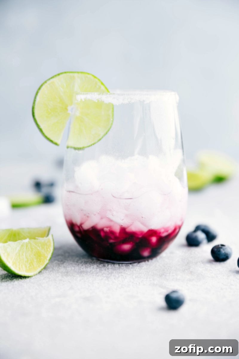 A glass of non-alcoholic blueberry mandarin-lime spritzer, garnished with fresh blueberries and lime slices. It features a sugared rim, offering a sweet and tangy refreshment. chelseasmessyapron.com