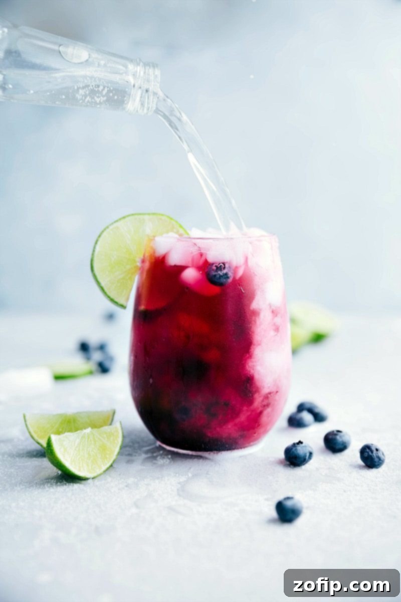 Two glasses of frosted blueberry-lime spritzer, garnished with fresh lime slices and mint, ready to be enjoyed. The non-alcoholic drink is vibrant and refreshing.