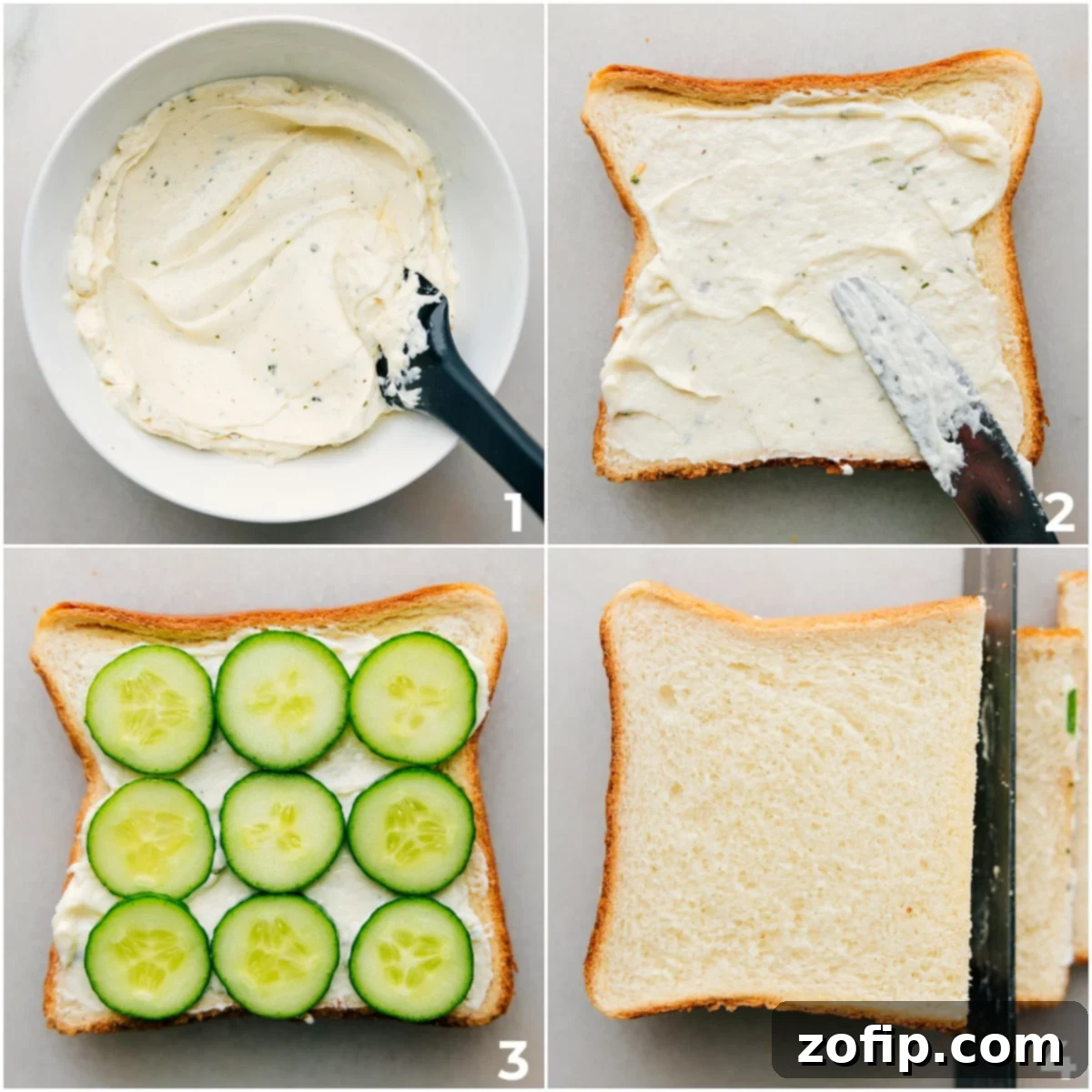 The mayo and seasoned cream cheese spread being layered onto white bread slices, followed by fresh cucumber slices.