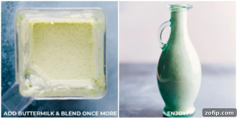 Two sequential images: the first shows buttermilk being poured into a blender filled with Cafe Rio dressing ingredients, and the second shows the finished creamy dressing being poured from the blender into a clear glass jar.