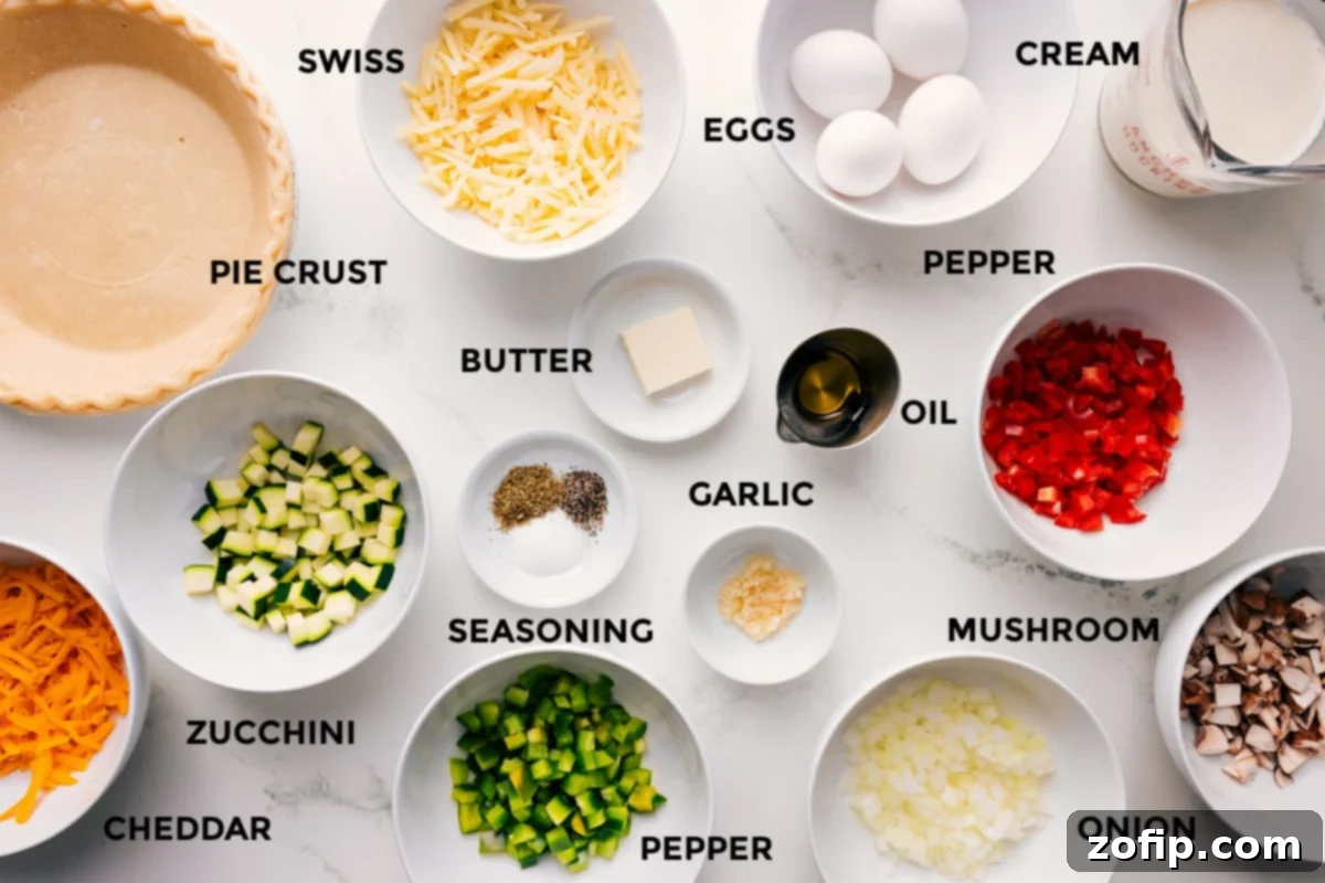 All the necessary ingredients prepped and ready for making veggie quiche.