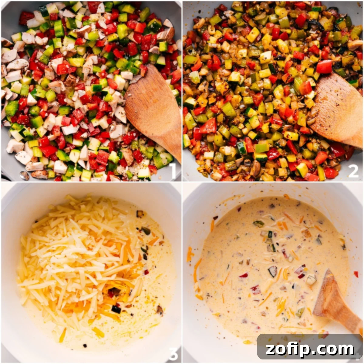 Sautéed veggies being added to the egg and cheese mixture for the veggie quiche.