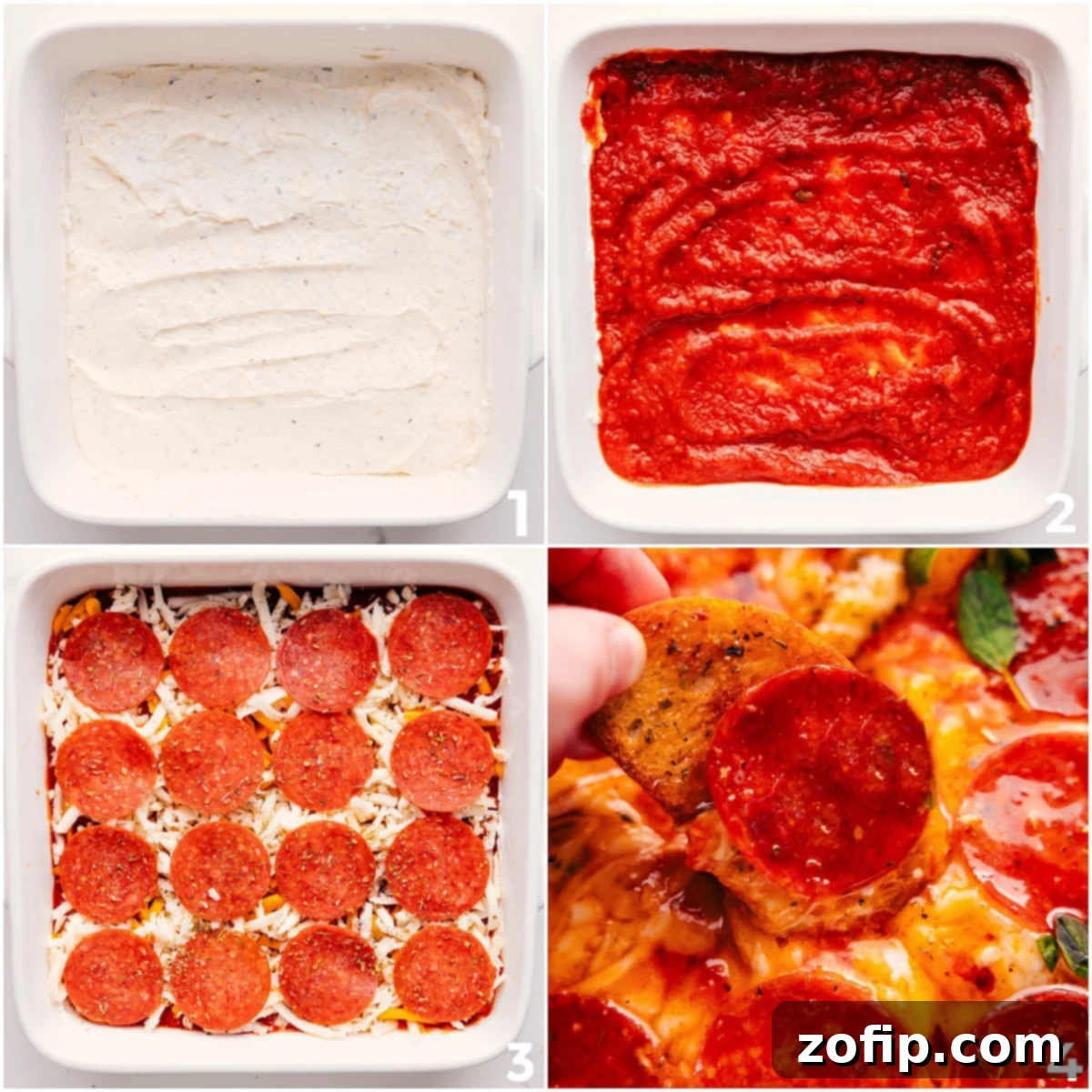 How To Make This Game Day Ready Pizza Dip Recipe All the layers of this pizza dip recipe being layered into the pan and then baked.