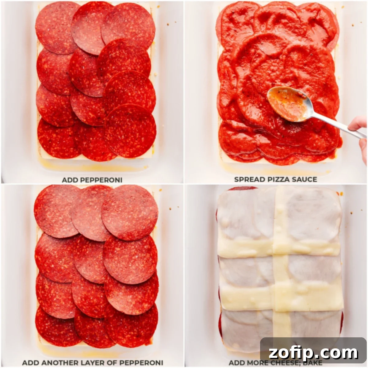 Layering pepperoni, sauce, and cheese on the Pizza Sliders.