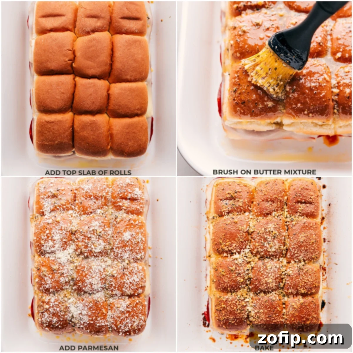 Adding the top layer of rolls and butter before baking the Pizza Sliders.