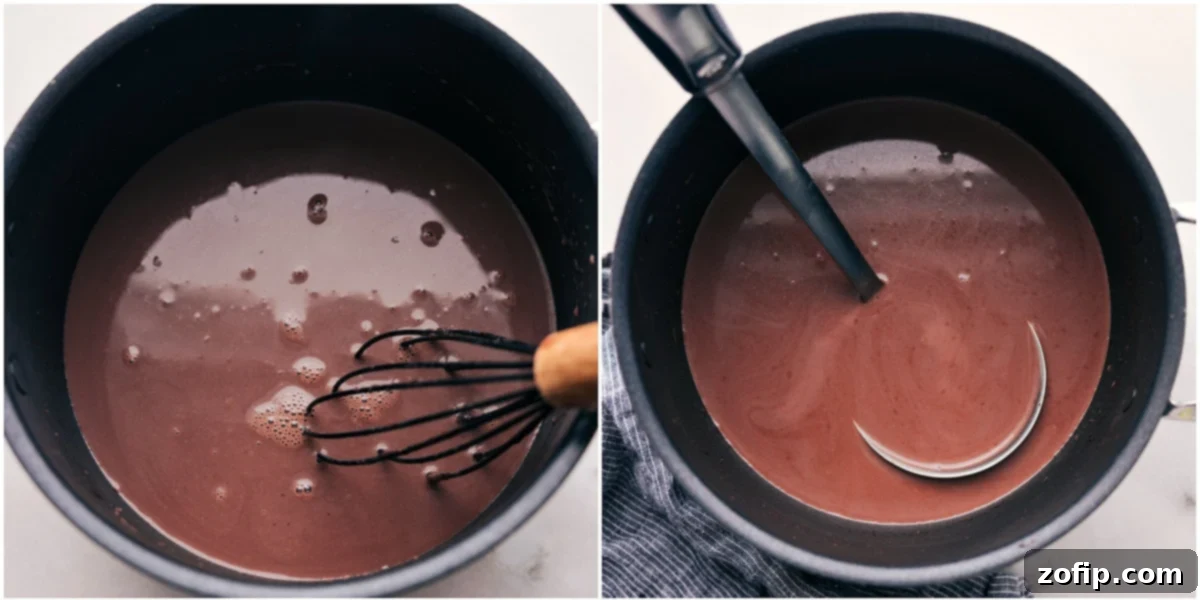 Hot chocolate in a pan, warming up, being whisked, and ready for serving.