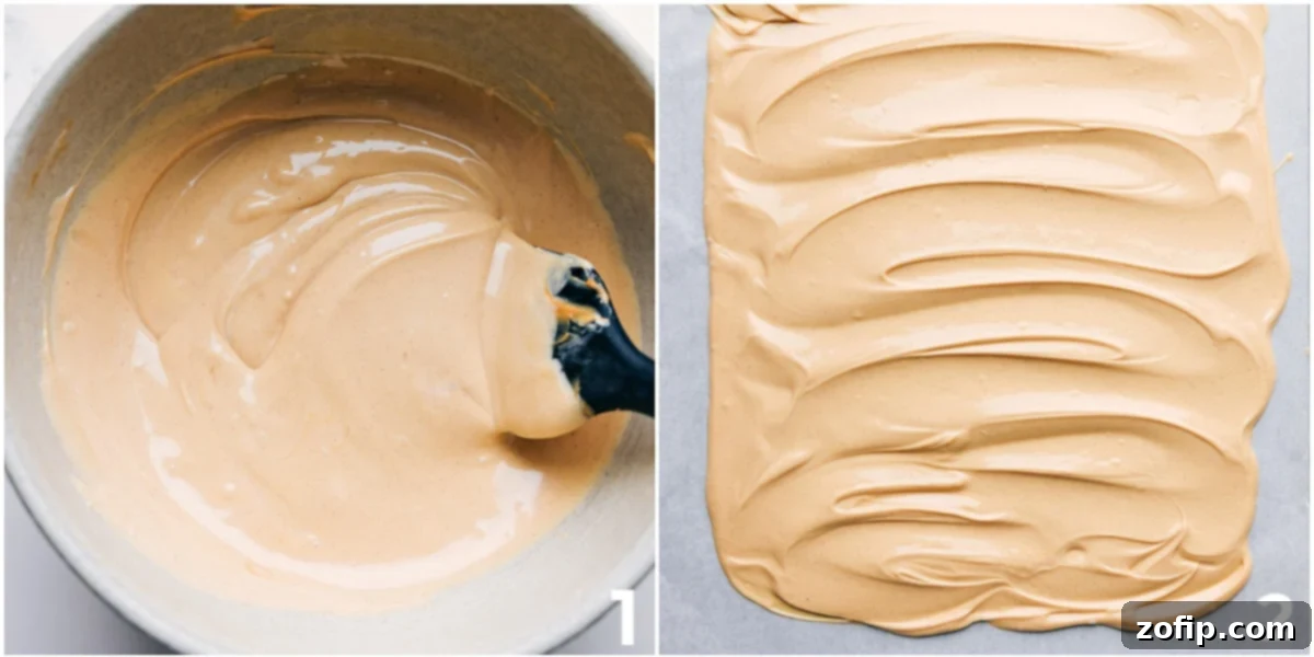 How To Make Peanut Butter Bark The peanut butter and white chocolate base melted and spread on a sheet pan.