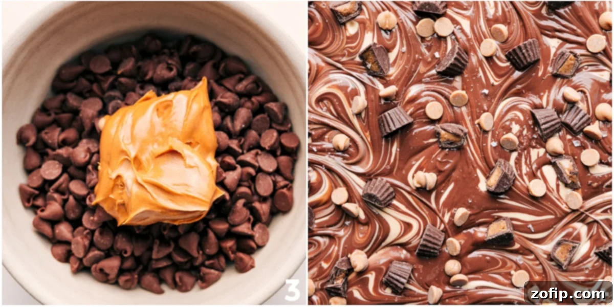 Double Chocolate Peanut Butter Bark Is A No-Bake Treat Everyone Loves The chocolate and peanut butter layer being melted together and spread over the white chocolate layer.