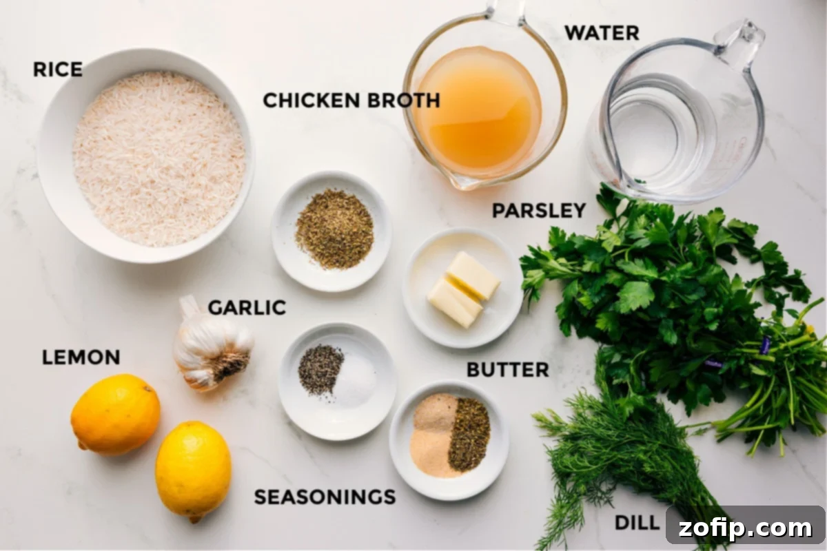 Ingredients for Greek Rice: rice, lemons, garlic, seasonings, butter, parsley, dill, chicken broth, and water.