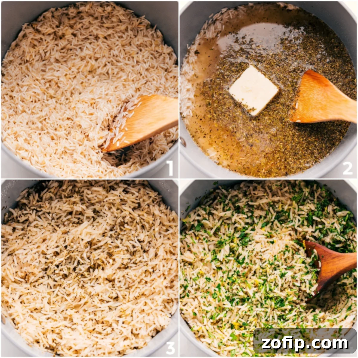Greek Rice preparation steps: rice, broth, garlic, butter, seasonings, parsley, dill, and lemon zest.
