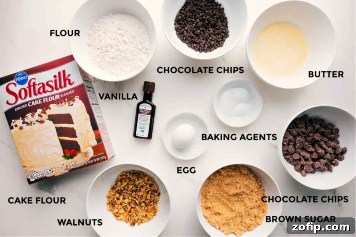 Ingredients for Levain Cookie Recipe including flour, sugar, chocolate chips, and walnuts