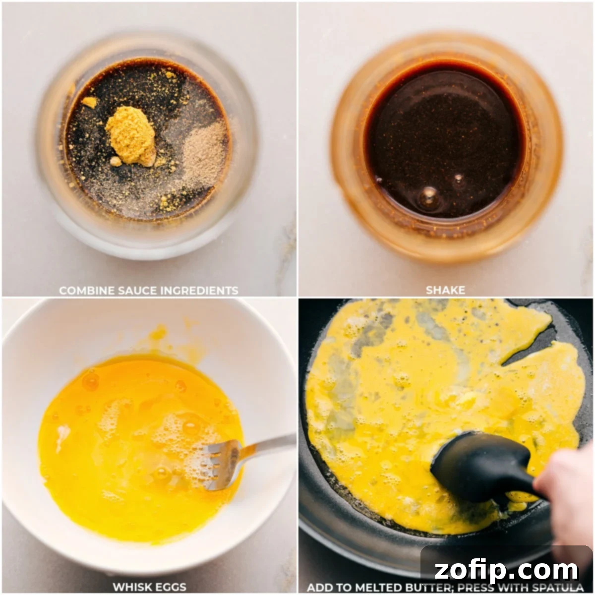 Sauce ingredients being combined, and eggs being cooked for Ham Fried Rice. Close-up of the sauce mixing process and the eggs scrambling in the pan.