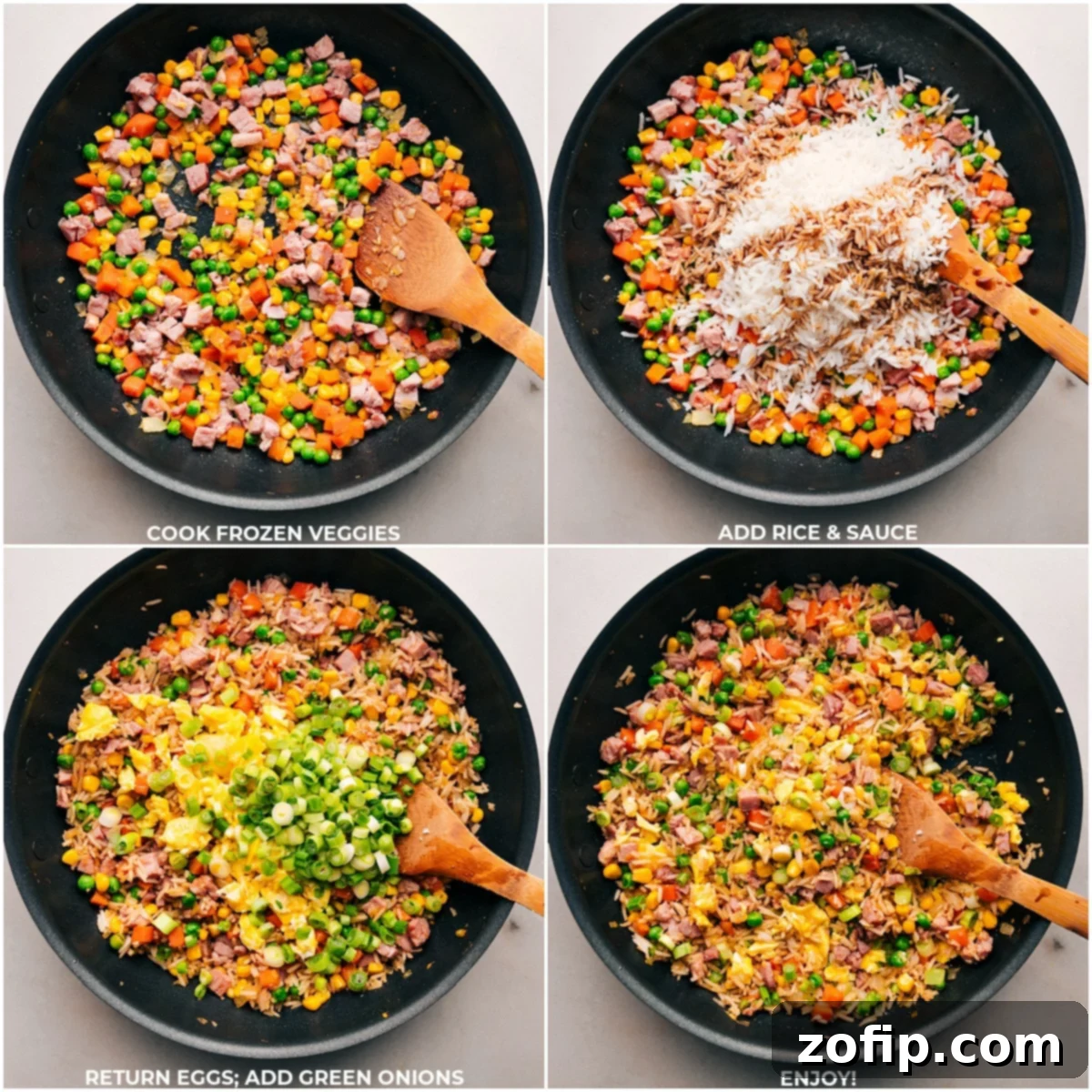 Frozen veggies being added, then rice, sauce, eggs, and onions being added to the pot for the Ham Fried Rice. Close-up showing the final assembly of the fried rice in the pot.