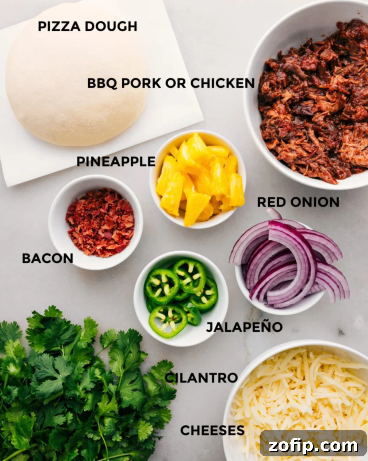 Ingredients In BBQ Chicken Pizza Recipe All the ingredients prepped for easy assembly of the BBQ chicken pizza.