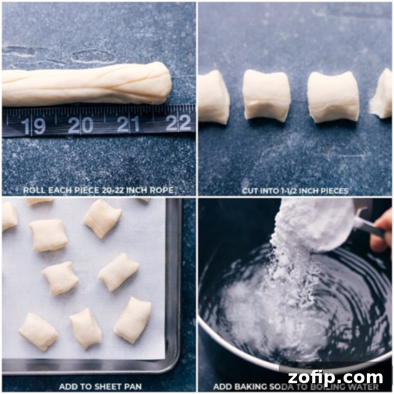 Dipping the pretzel bites in baking soda and boiling water