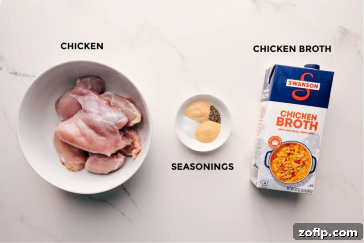Ingredients for shredded chicken: chicken thighs, broth, and seasonings.