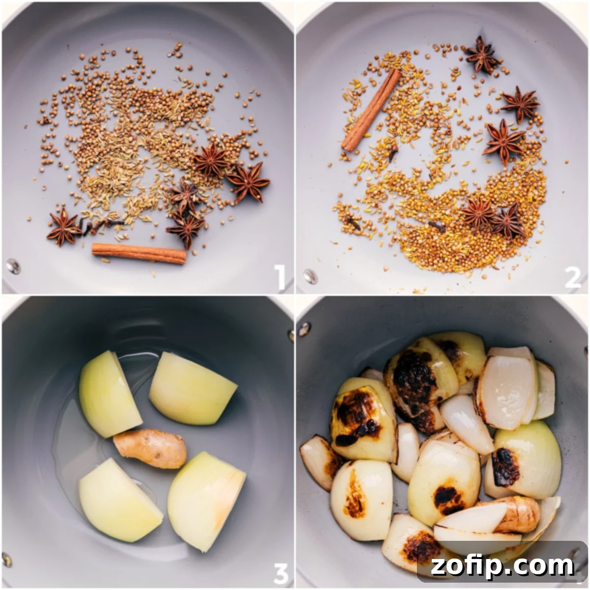 Chicken Pho Delight 4 Spices and seasonings toasting in a pan before onions and ginger for this chicken pho recipe.