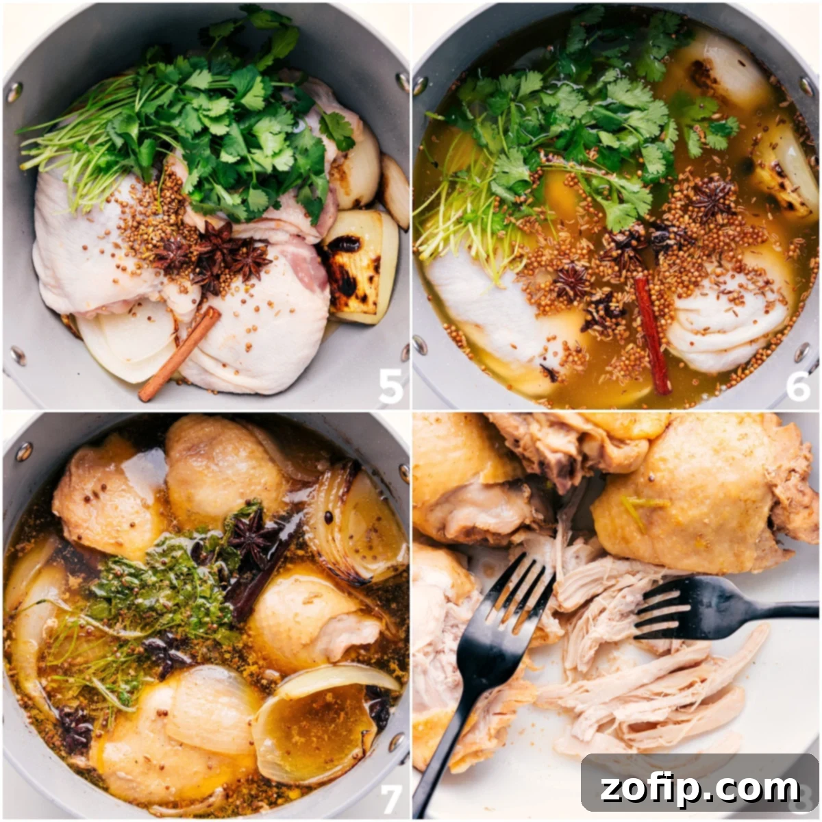 Chicken Pho Delight 5 Chicken, toasted spices, cilantro, and broth added to the pot.