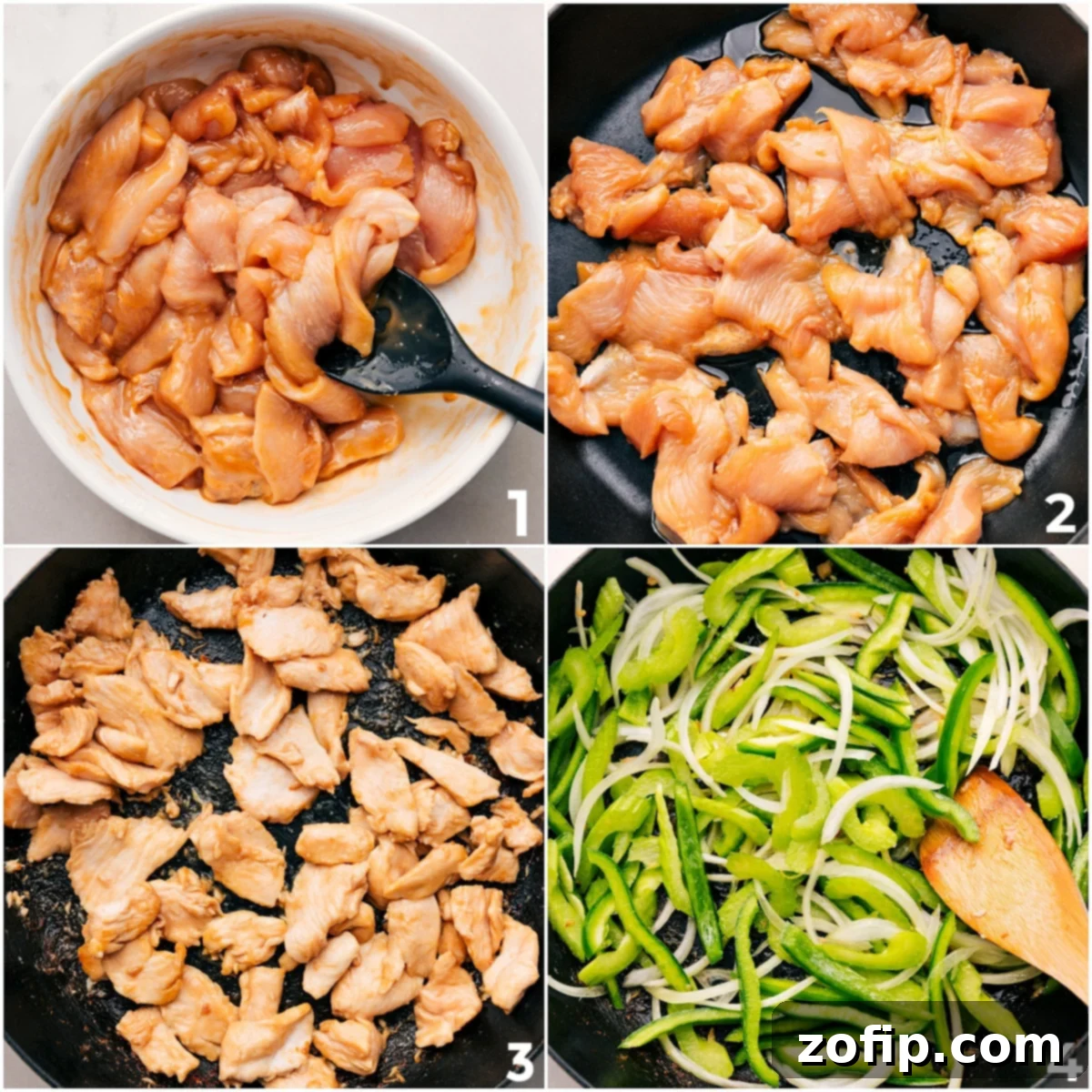 Marinated and cooked chicken with sautéed peppers