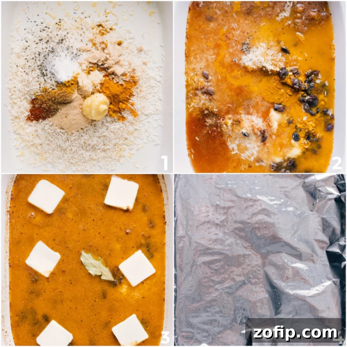 All the ingredients in this yellow rice recipe added into the pan and mixed together to be baked.