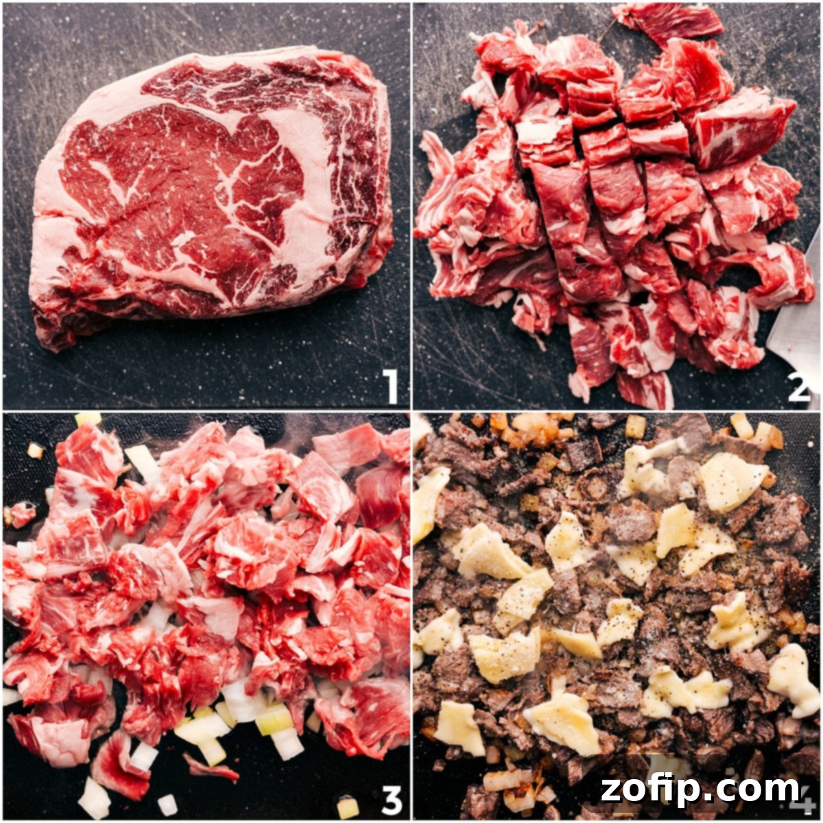 How To Make This Philly Cheesesteak Recipe Ribeye being shredded and cooked with seasonings and provolone for this Philly cheesesteak recipe.