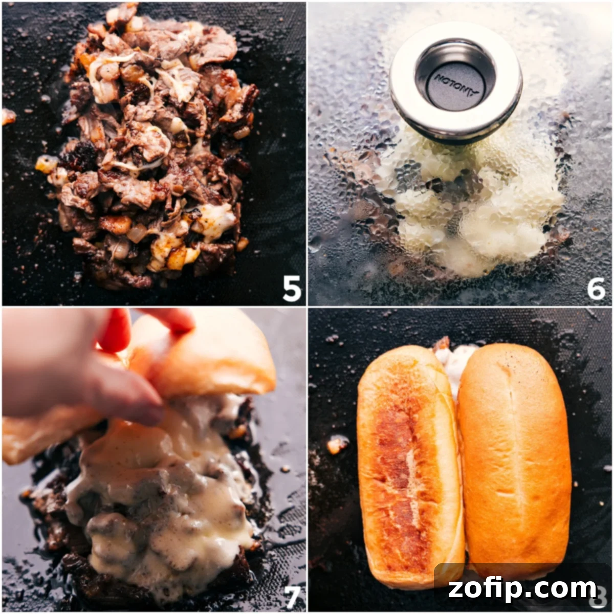 Flavor-Packed And Delicious Philly Cheesesteak Recipe Additional cheese being melted on top of the meat and then the bun being added on top to warm through.