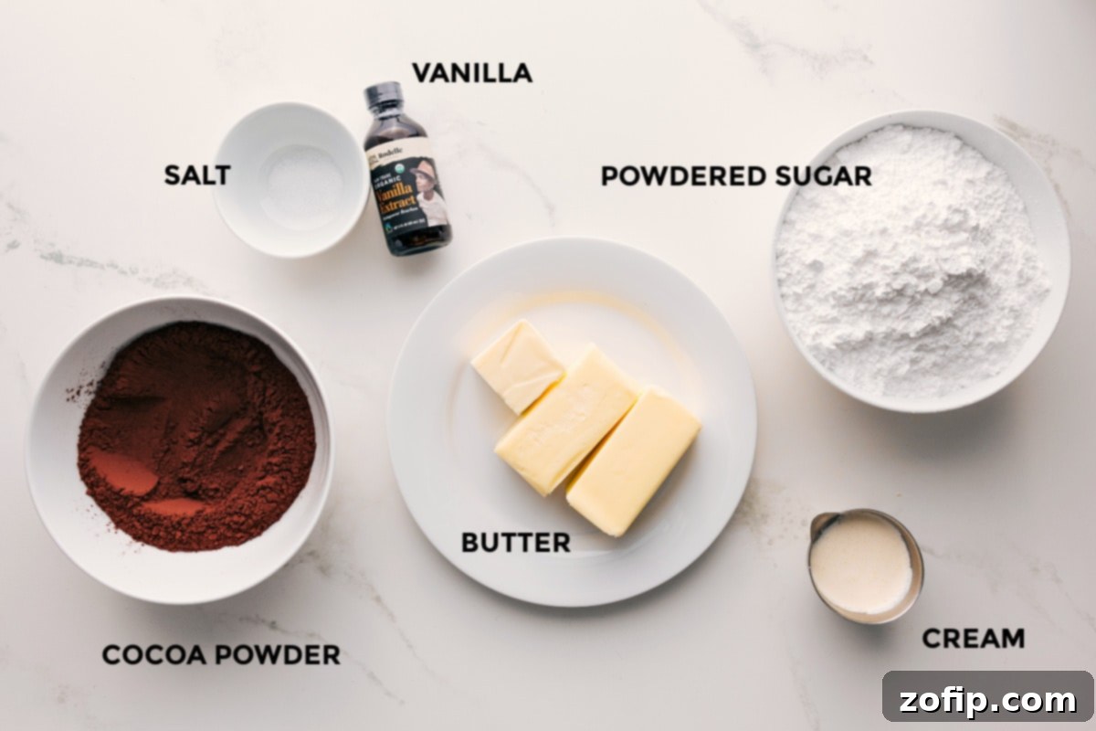 Ingredients In Chocolate Buttercream Frosting Recipe Ingredients for Chocolate Buttercream Frosting Recipe: butter, powdered sugar, cocoa powder, cream, vanilla, and salt.