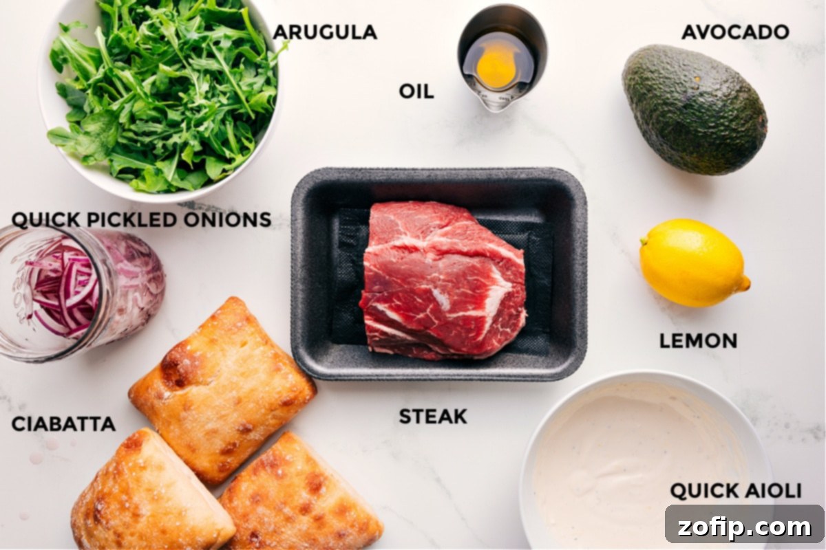 Ingredients for Steak Sandwich: Steak, Ciabatta, Avocado, Arugula, Pickled Onions, Aioli
