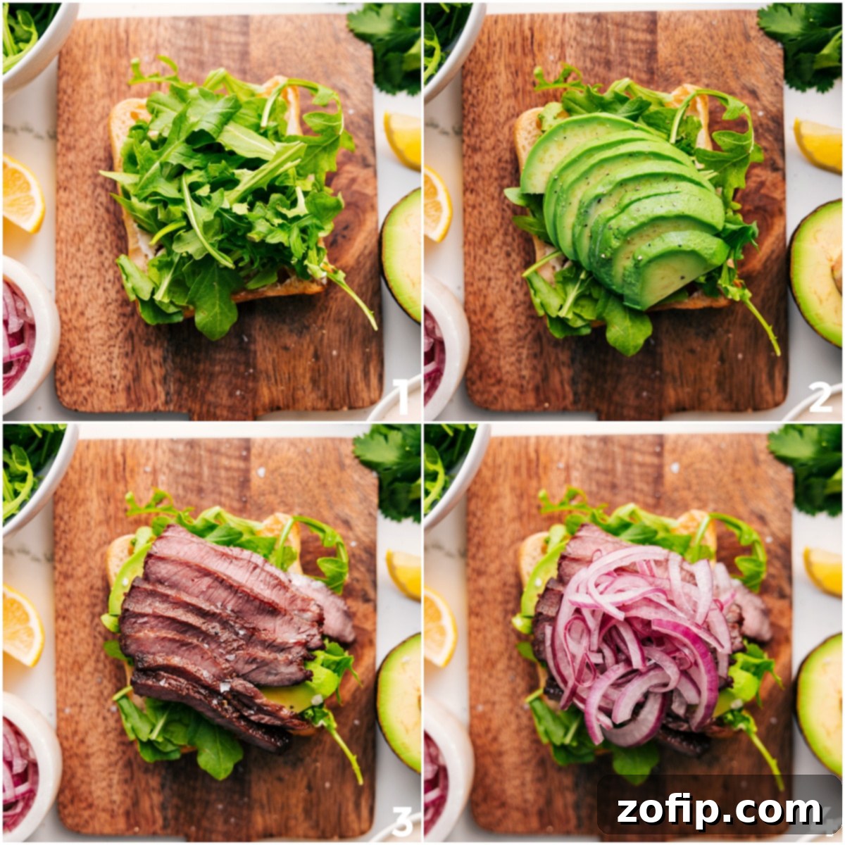 Assembling the Steak Sandwich: Arugula, Avocado, Steak, and Pickled Onions on Bread