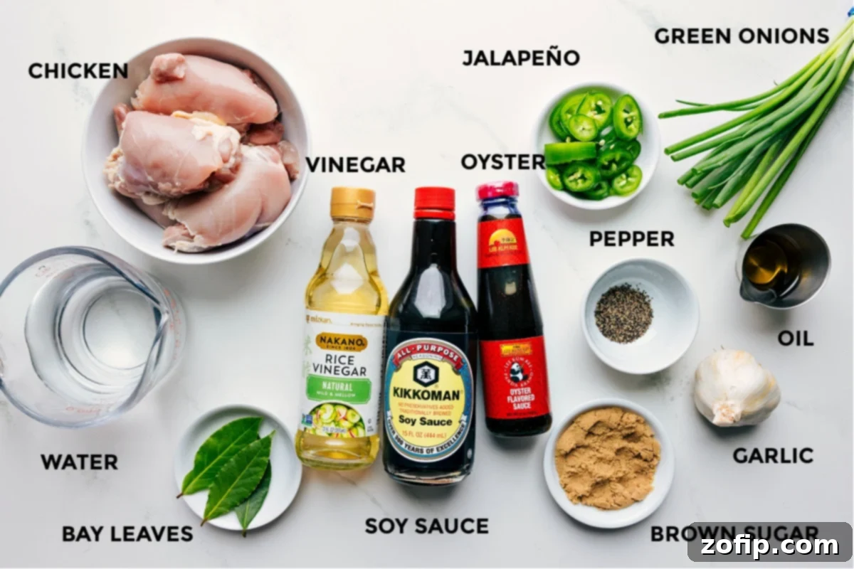 Chicken Adobo Delight 4 Ingredients for Chicken Adobo: chicken, soy sauce, vinegar, garlic, and more.